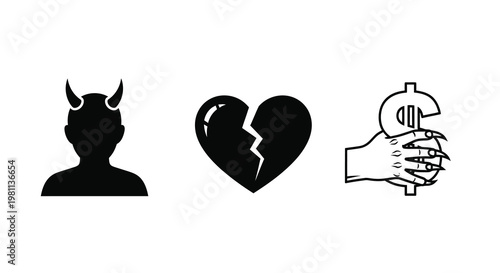 Devil broken heart and money hand icons in stark black silhouette