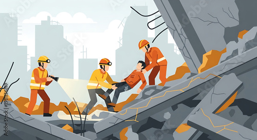 Emergency responders courageously navigate perilous rubble to rescue an injured victim from a collapsed building, showcasing crucial disaster relief and compassionate human aid