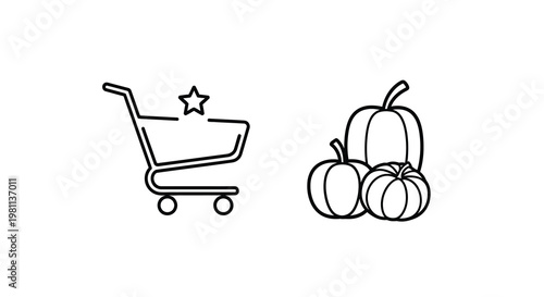 Shopping cart and pumpkins in a simple black outline silhouette
