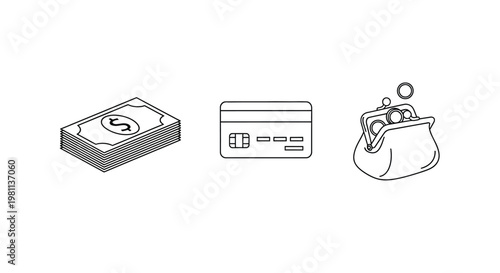 Money credit card and wallet depicted in a simple outline silhouette