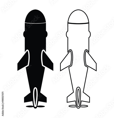 A top-down view of a fighter plane icon in both filled black and outline styles