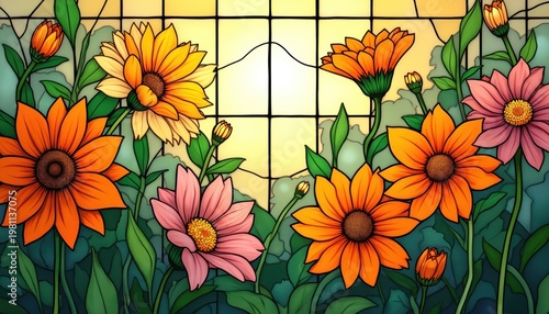 Colorful flowers bloom against a sunlit stained glass window background. Green leaves and buds surround vibrant orange pink yellow petals creating beautiful decorative art.