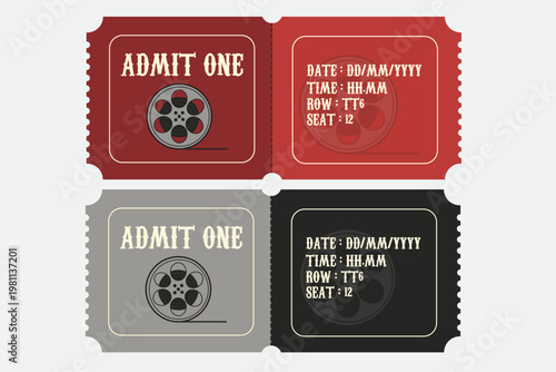 Movie tickets, cinema tickets, admission tickets, film tickets, vector icons