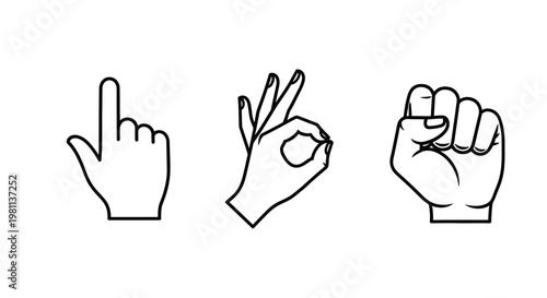 Three hand gestures depicted in a minimalist black outline silhouette