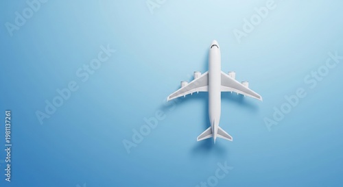 White Commercial Airplane Top View on Blue Background with Copy Space