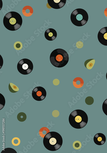 Playful vinyl record pattern with avocados and colorful circles against a teal background.