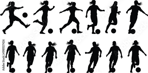 Set of professional female soccer player silhouettes in action poses, including running, kicking, and dribbling for competitive sports vector design.