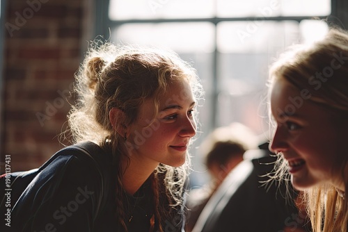 Young woman engaged in supportive conversation with a peer, bathed in natural light, fostering connection and understanding.