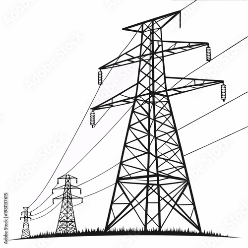 Electric power transmission towers with wires on for energy infrastructure