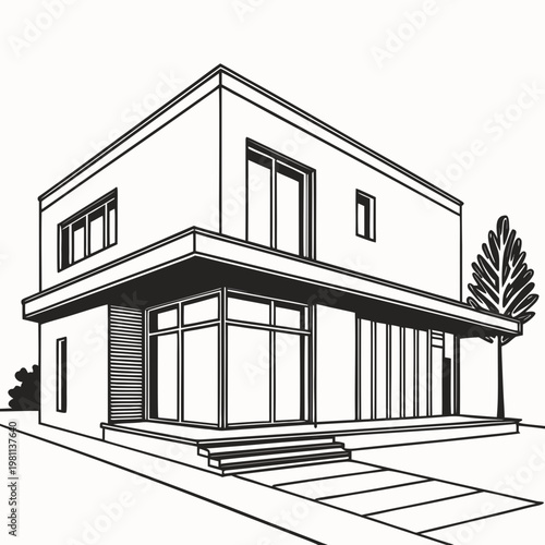 Modern twostory house with large windows and a tree