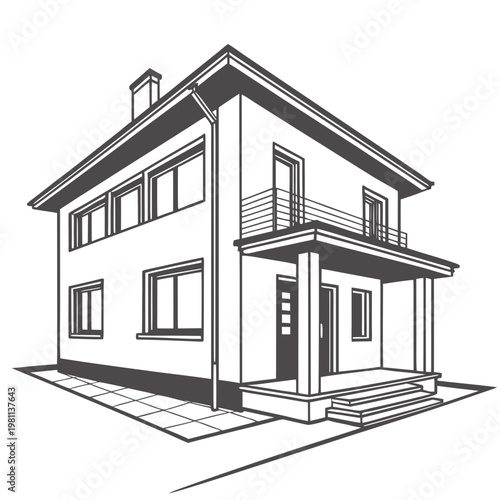 A black and white illustration of a twostory house with a balcony and a chimney