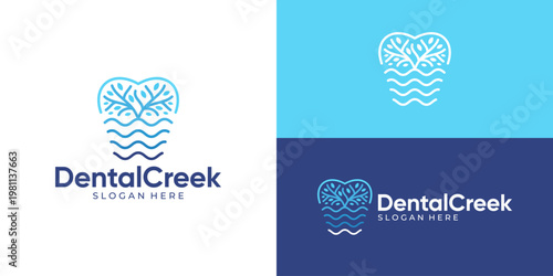 Creative simple dental creek logo template. Teeth with wave river creek lake symbol logo design vector illustration.