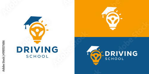 Creative simple driving school logo template. Lightbulb with steering wheel and graduation hat symbol logo design vector illustration.