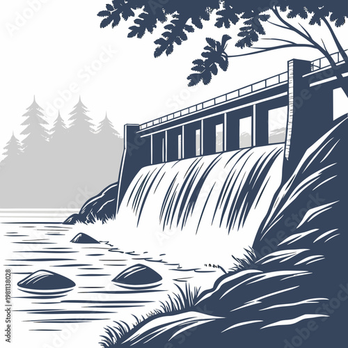 Illustration of a dam with water flowing over it surrounded by trees and rocks in a serene landscape