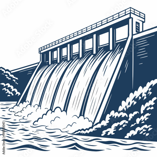 Illustration of a hydroelectric dam with water flowing down in a blue and white color scheme