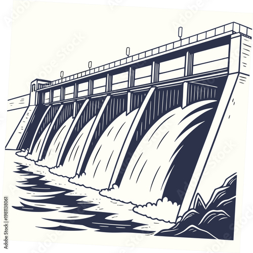 Dam with multiple water spillways releasing water into a river on a sunny day