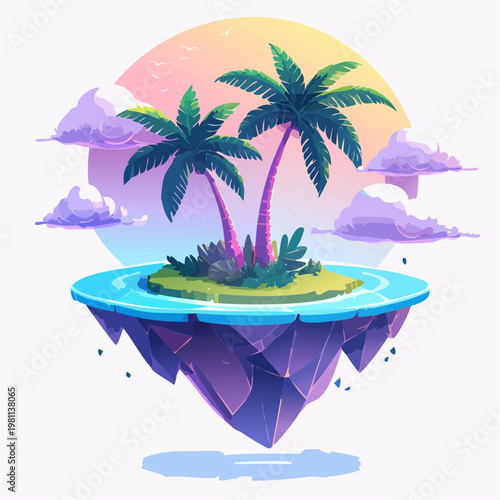 A vibrant, surreal island paradise with palm trees floating amidst fluffy clouds at sunset, digital art