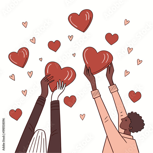 Two people holding up hearts surrounded by floating hearts in the air