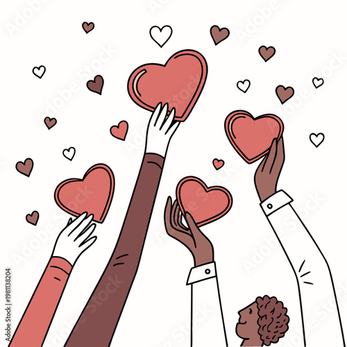Diverse group of people holding up hearts in a symbolic gesture of love and unity together