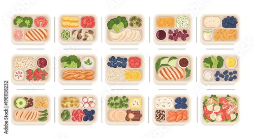 Healthy Meal Prep Containers Vector Illustration Set, Diet Planning and Nutrition Catering Concept