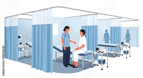 Medical consultation and examination scene with a healthcare provider and patient in a private clinic room, depicting essential patient care and routine check-ups in a modern facility