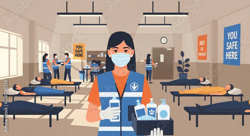 A Nurse or Aid Worker Wearing a Face Mask and Gloves Distributes Hygiene Supplies to People Lying on Beds in a Makeshift Shelter or Hospital