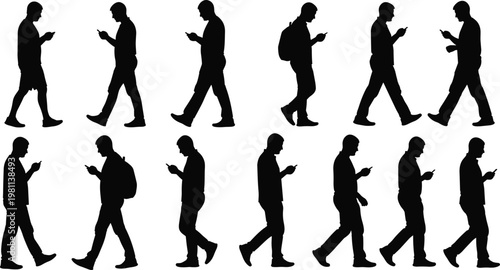 People walking silhouettes using smartphones set male characters walking poses mobile phone addiction modern lifestyle vector illustration isolated collection