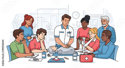 Group learning cardiopulmonary resuscitation techniques in a classroom setting with instructor demonstrating on a dummy