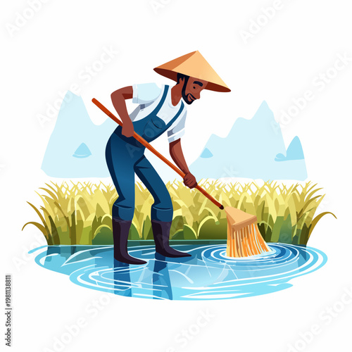 Farmer in traditional hat tending to a flooded rice field