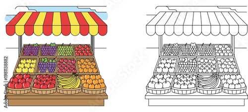 Vibrant Fruit Stall Coloring Page - Farmer's Market Fresh Produce Illustration