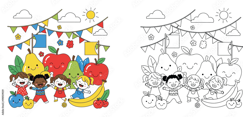 Obraz premium Happy Kids and Fruits Party Coloring Page - Diverse Children Celebrating Healthy Food Fun