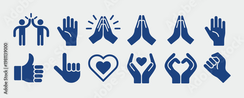 Clap and applause icon set, vector illustrations including cheering hands, handshake, peace sign, thumbs up, love, care, and high five symbols representing support, cooperation, and agreement.