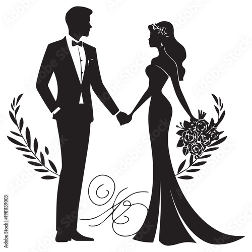 Elegant bride and groom silhouette holding hands with bouquet, classic wedding vector illustration in black and white.