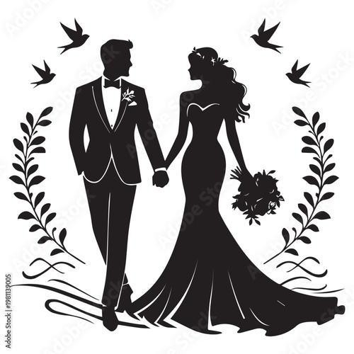 Romantic bride and groom silhouette with birds and floral elements, elegant wedding couple vector, black and white.