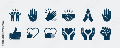 Applause and positive gesture vector collection, icons of clapping hands, partnership, trust, teamwork, and celebration actions, ideal for social, business, and communication design projects.
