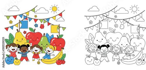 Happy Kids and Fruits Party Coloring Page - Diverse Children Celebrating Healthy Food Fun