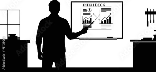Practicing presentation in garage with whiteboard silhouette.