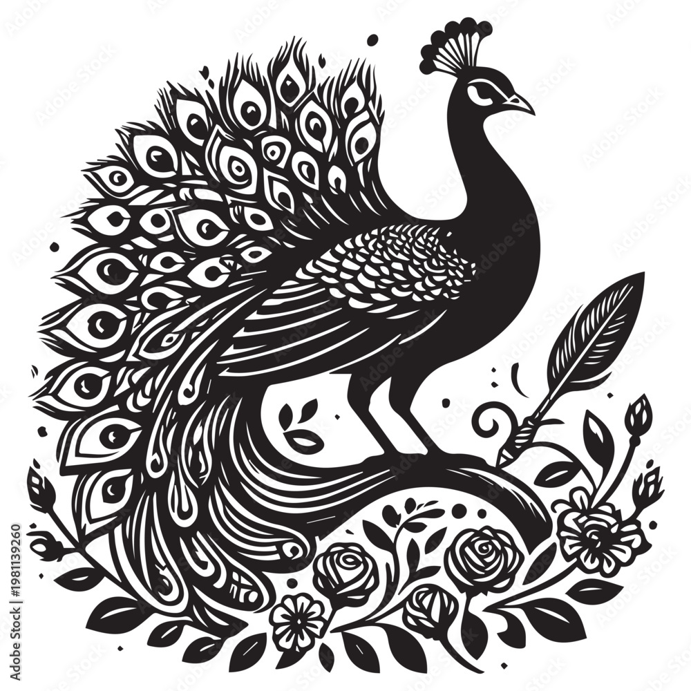 Fototapeta premium Beautiful peacock silhouette with full tail and leaves, elegant decorative bird vector in black and white.