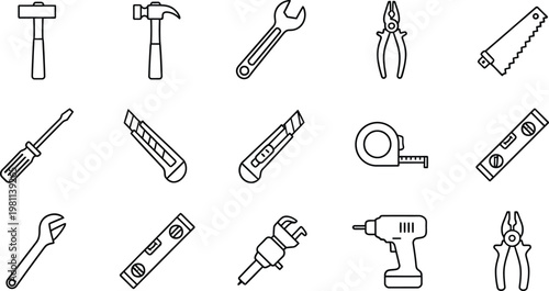 White outline toolkit set featuring hammer wrench pliers saw screwdriver utility knife measuring tape level drill.
