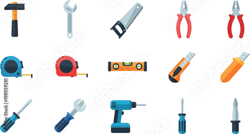 Colorful toolkit set featuring hammer wrench saw pliers screwdriver measuring tape level utility knife drill.