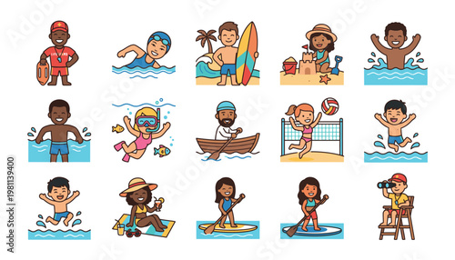 Diverse people enjoying summer swimming pool activities.