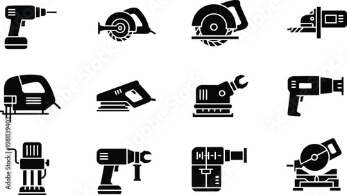 Industrial power machines and heavy duty electrical tools solid black icons for engineering projects.