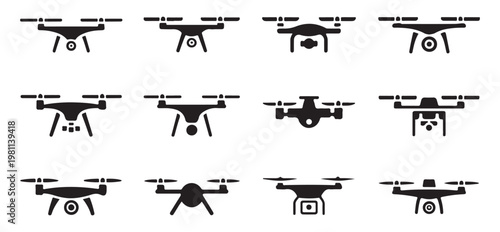 Collection of drone icons and symbols in different shapes and styles for graphic design.