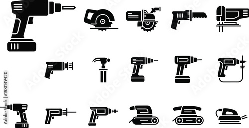 Professional power tools and electric construction equipment solid icons set for industrial design.