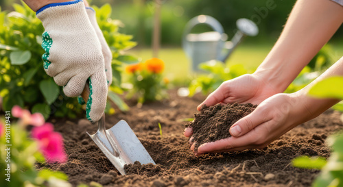 Gardening Hands Planting Flowers in Rich Garden Soil with a Metal Trowel