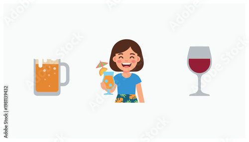 Woman enjoying various alcoholic beverages.