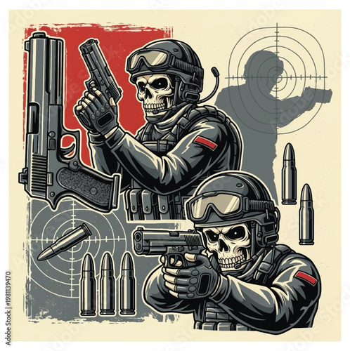 Skeleton soldier with firearms and ammunition, tactical gear, and target practice imagery vector design illustration