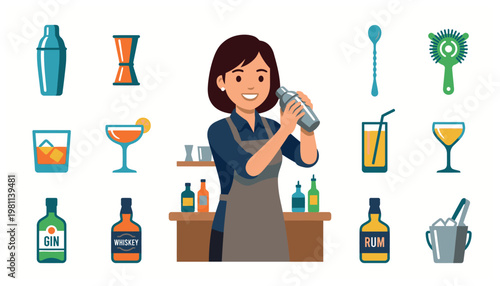 Bartender preparing cocktails with various tools.