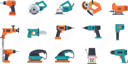 Collection of vibrant power tools and hand tools, perfect for construction and DIY projects.