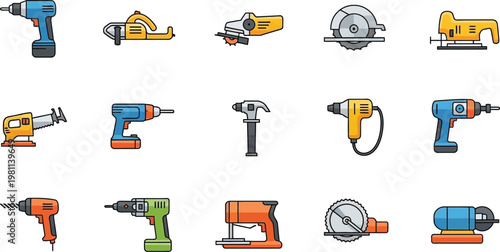 Set of vector illustrations featuring various power tools and hand tools for construction and home improvement.